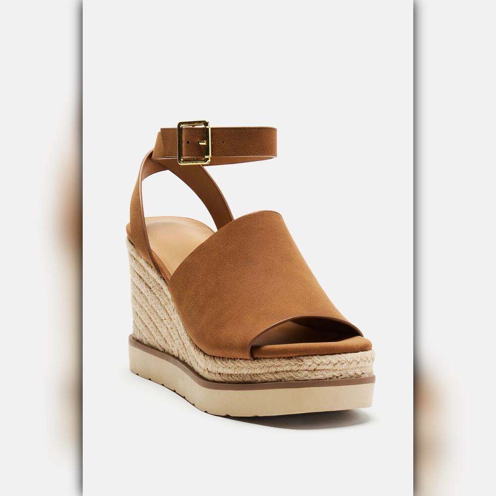 A042-B • Dark Tan Espadrille Platform Wedge Sandals - Picture 4 of 5